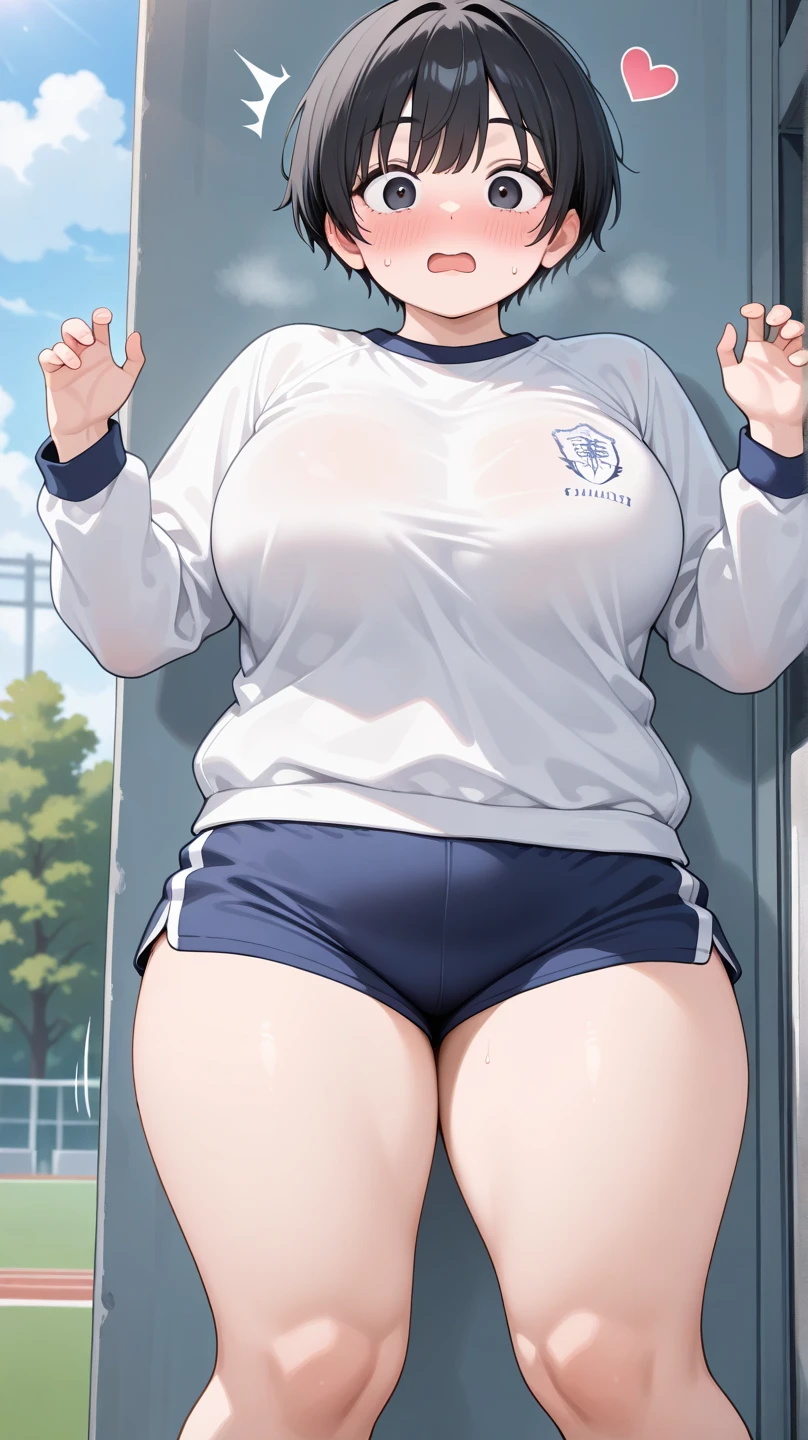 1girl(kuroko shirai), solo, big breasts, looking at viewer, blush, bangs, shirt, underwear, brown hair, purple eyes, white shirt, short sleeves, sweat, big breasts, shoes, teeth, socks, shiny, indoors, spread legs, hair bun, shiny hair, wet, kneehighs, embarrassed, from below, squatting, single hair bun, white socks, clenched teeth, sneakers, wet clothes, gym uniform, buruma, blue footwear, single side bun, peeing, pee, gym shirt, blue buruma, puddle, peeing self, shirai kuroko