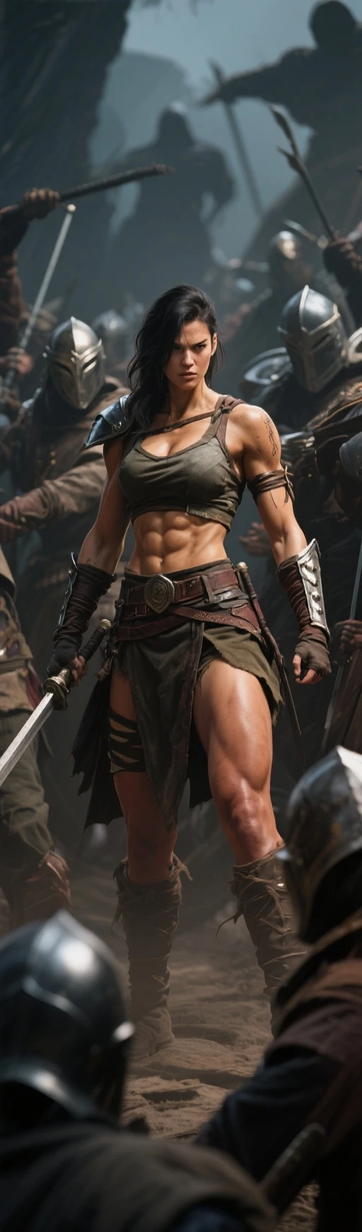 Daisy Ridley face, masterpiece 1.3, Ultrarealistic face, slim athletic physique, small flat ???????, round ???, "Kneeling in the rubble of a destroyed building, Rey's shoulders slump in defeat. Blood trickles from a cut on her forehead, and her clothes are torn and dirty, reflecting the intensity of her recent fight.", sweaty body glistening skin, dirt covered around her body, shameful expression tears in her eyes, hand cut off 