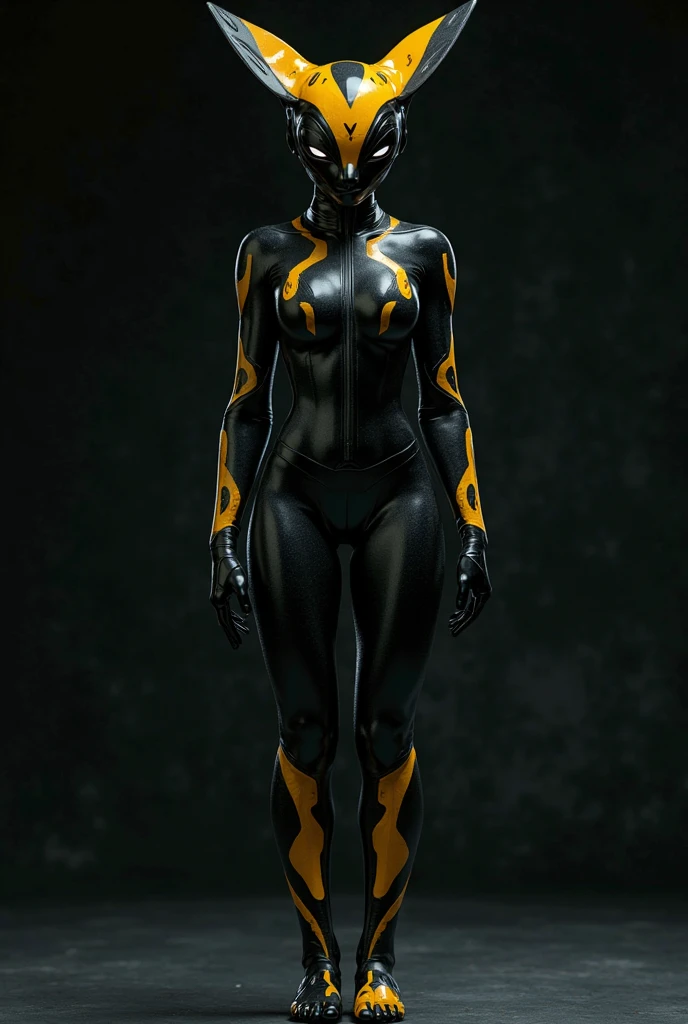 Humanoid, pitch black skin, no eyes, cartoonish style, wide cartoonish gring