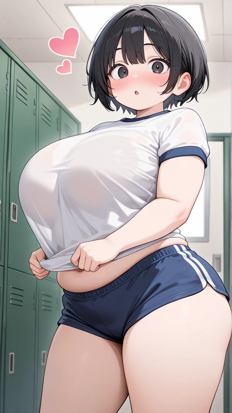 A girl wearing gym clothes and bloomers(()), thick, 大きなButt, 曲線美を強調したButt, Posing in the bedroom, thick thighs, Chubby, Butt, Bend your body, Light brown hair,blue eyes,short hair,Wide pelvis,vapor,Sweat,White sports bra,thick waist,Small breasts,Blushed,Captivating look,