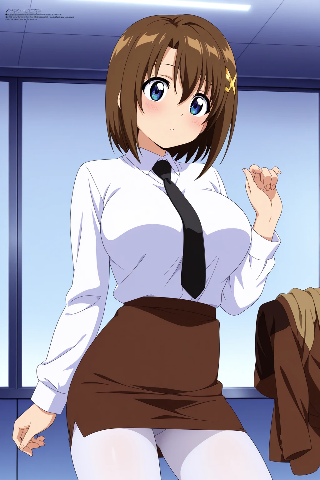 haruhi suzumiya, short hair, brown hair, brown eyes, hairband, medium hair, ribbon, hair ribbon, animal ears, zettairyouiki, pantyhose, rabbit ears, leotard, wrist cuffs, detached collar, fake animal ears, playboy bunny, black leotard, cleavage, comiket, urban, dutch angle, cowboy shot, smile, open mouth, looking at viewer, crowd, tokyo big sight, blurry background, bokeh, pose, photo shoot, score_9, score_8_up, score_7_up, source_anime, dark theme, low light, (tarechichi, huge sagging breast:1.1), Underarm sweat, underarm hair damp with sweat, natural armpit hair, Unshaven Pubic Hair, (skinny, slim, small hip, narrow waist)