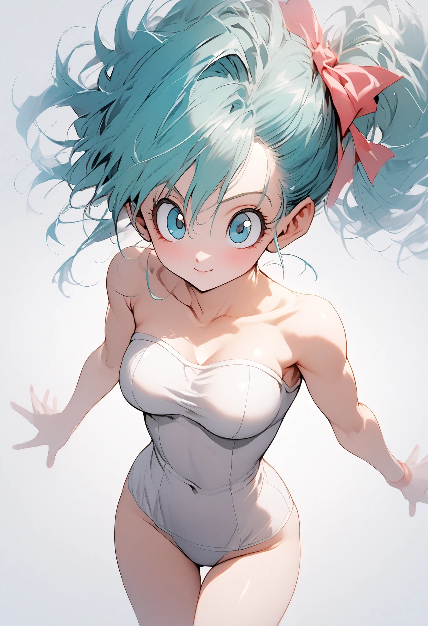 BULMA, teen, turquoise blue hair, bodyblouse rosa, , beautiful legs, nipless