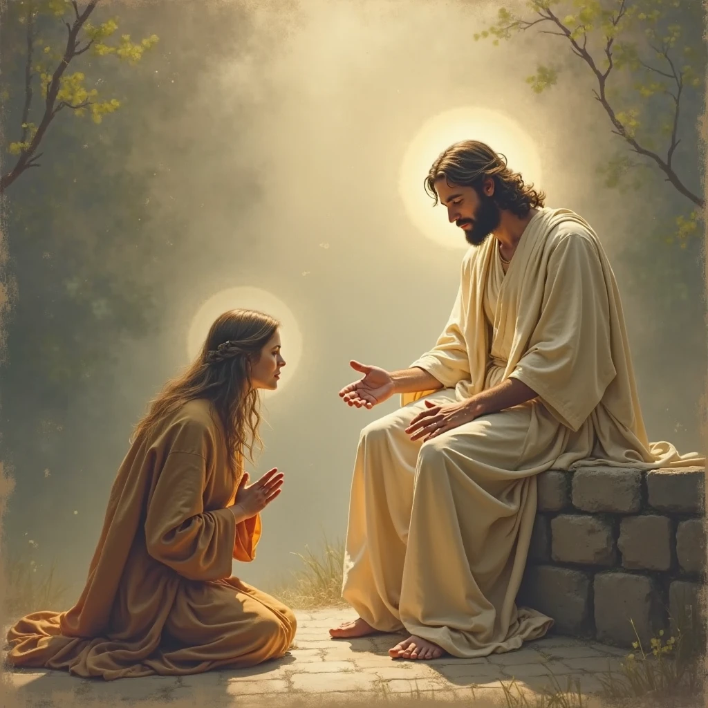 Image of a woman sitting serenely in a calm, flowery and sunny garden while Jesus stands in front of it with his hand outstretched preventing the shadows of war from coming near the woman 