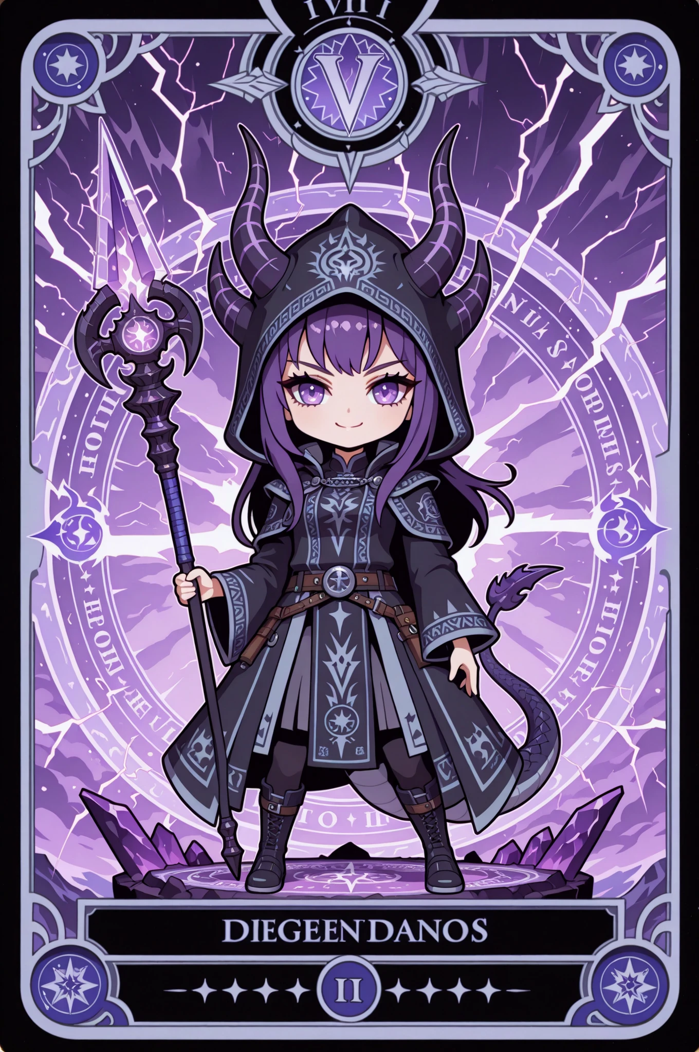 chibi , 1girl, dragon clan, white hair, Descendants of dragons, Dragon Horn, dragon tail, white hair, smile, flat color, full body shot, posing, Tarot Card Background, lightning long wizard's staff, dynamic pose