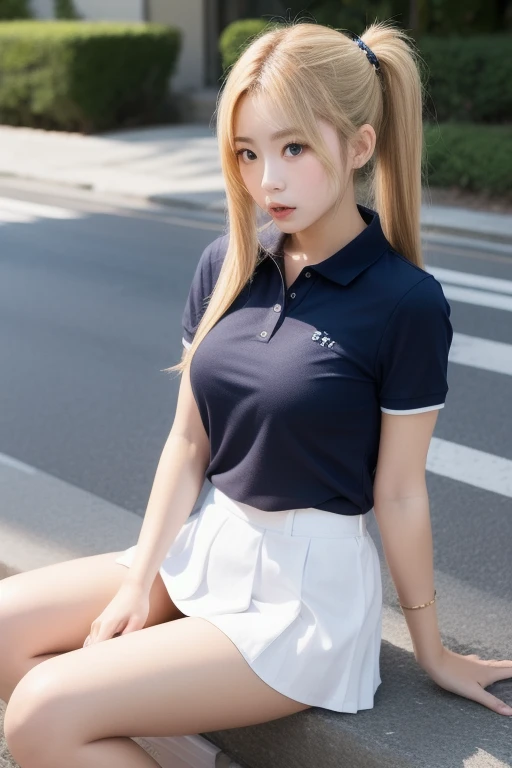 best quality, full body portrait, delicate face,very cute and pretty face, 22 years old woman, slim body, , cheerleader uniform, office uniform, black stockings, outdoor scene, Sitting position, spread legs, blonde hair, happy smile, dance, sexy pose