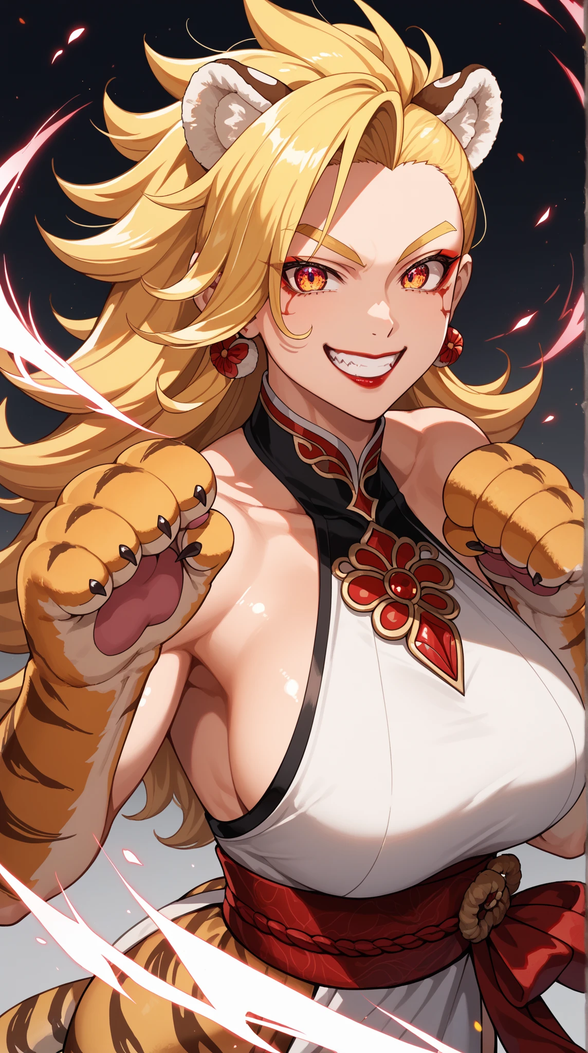 _asura style, yoimiya (genshin impact), 1girl, solo, muscular, biceps, sport woman, cleavage, looking at viewer, large breasts,