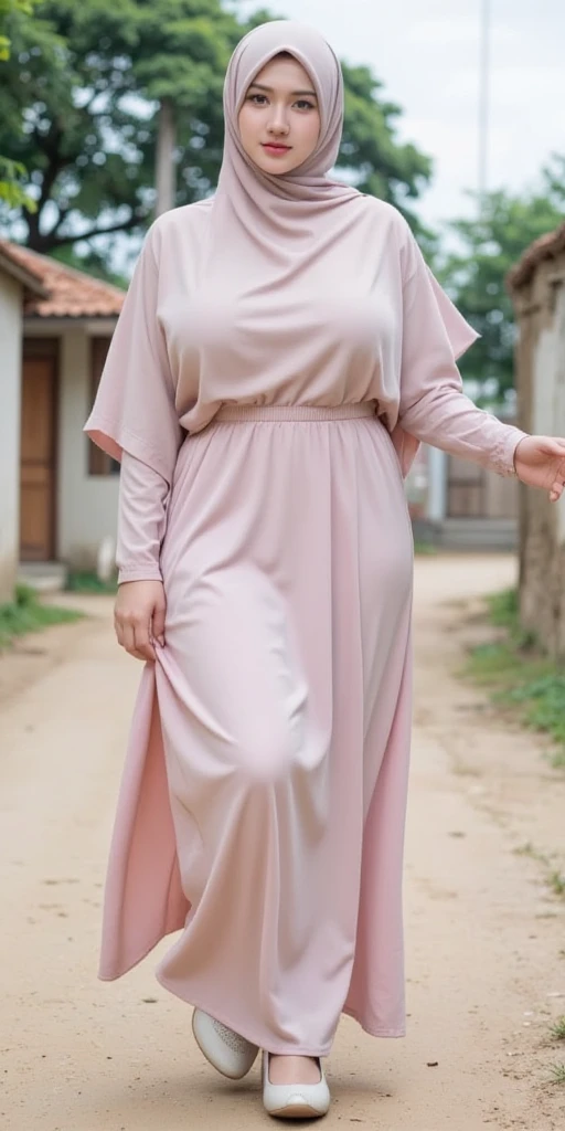 A beautiful Asian girl in a long hijab with tight and clearly visible breasts, With dark colored clothes, was raising both hands , and good quality images