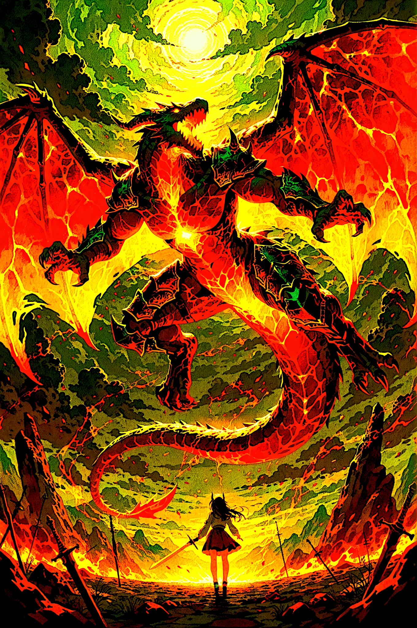 A dragon and a girl face to face, in combat.
Woman A dragon and a girl face to face, in combat.
Girl: Petite, cute, with dragon horns, wings and a tail, floating, leaping, powerful eyes, gradient pupils, roaring, dress armour, sleeves and skirt decorated with ruffles and ribbons, sword, intricate design, wrapped in flames, gushing lightning, scars on cheeks, arms and clothing, brandishing a large sword, dynamic pose.
Dragon: Very large body, pure white, gradient scales, roaring, brandishing front legs with sharp claws, dynamic pose.
A wilderness battlefield, dark clouds.