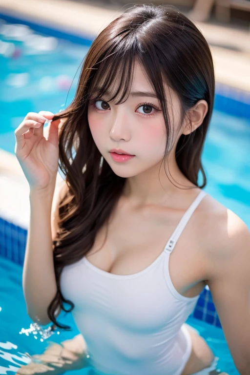 Tabletop, Highest quality, shape, Very detailed, finely, High resolution, 8k wallpaper, 完璧なダイナミックな構shape, finelyて美しい目 , Pool, Sexy Face、Twin tails、Cute ribbon, Perfect Anatomy, 18 year old Japanese female idol, Beautiful legs, Perfect and pretty face, 