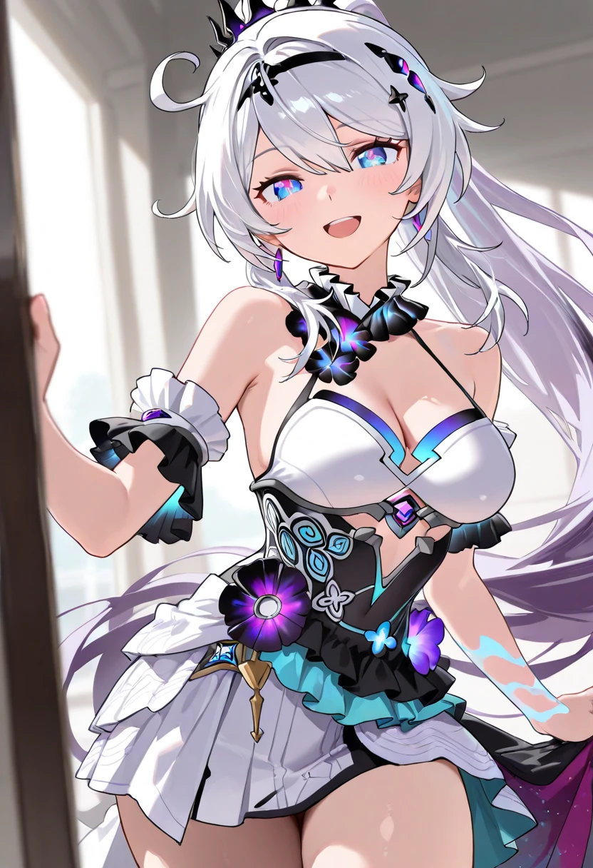 Emilia re:zero, purple eyes, Emilia, crown braid, x hair ornament, flower hair ornament, white hair, long hair, medium breasts, anime girl in blue lingerie sitting on a bed with her legs crossed, seductive anime girl, ahegao,  in dress, , neferpitou, , hajime yatate, anime moe artstyle, white haired deity, beautiful alluring anime woman, ahegao face, sexy gaze, 2 b, 2b