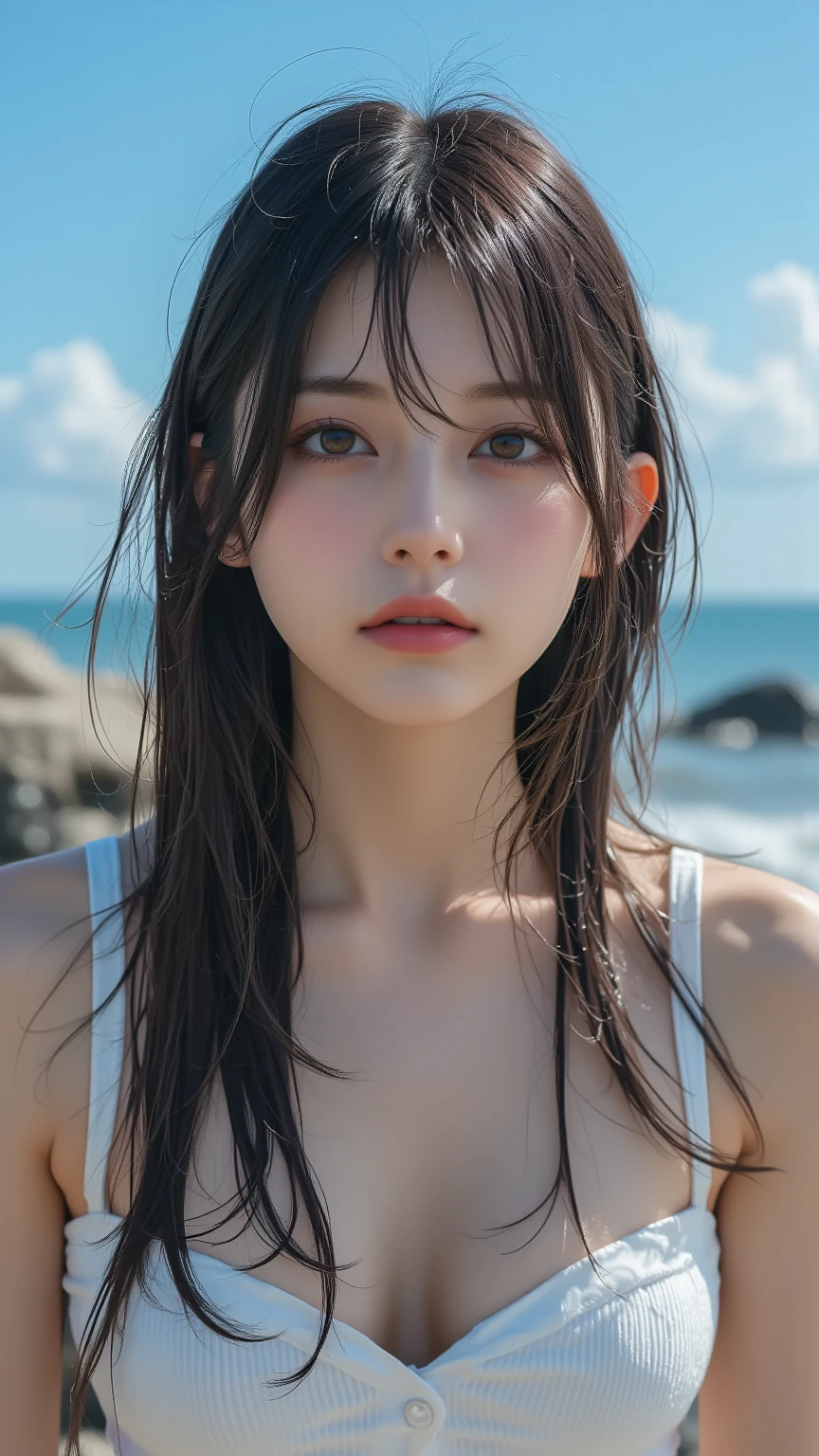 ultra detailed, highres, (realistic, photo-realistic:1.4), 8k, raw photo, (masterpiece), (best quality), physically-based rendering, Female college student, long brown hair, Vietnam, beach, looking, stocking, sea style color full,