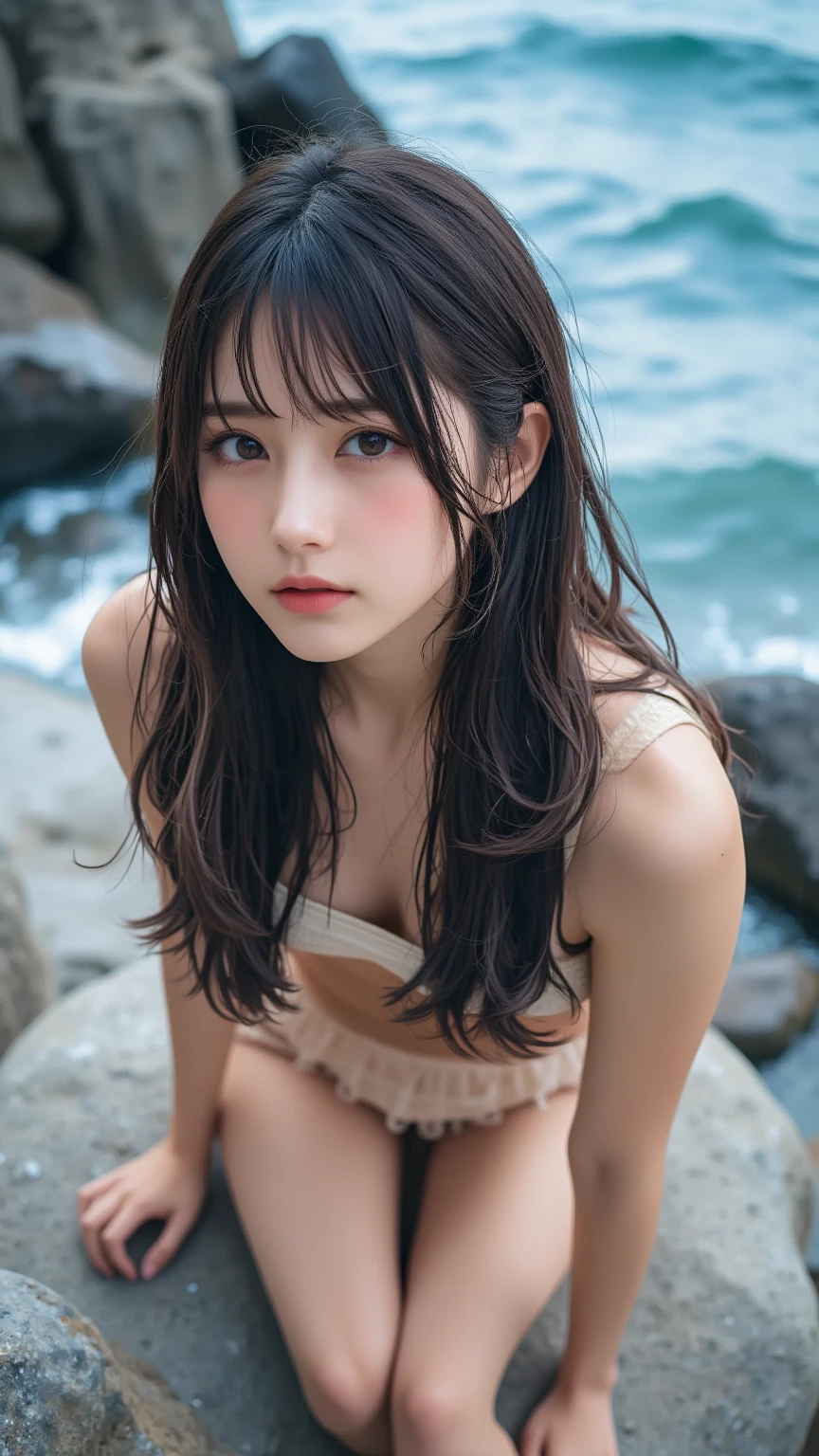 masterpiece, Highest quality, 8K, 20th generation, cute, alone, sad, cute, girly, cute、Delicate girl, Pure beauty,  RAW Photos, Professional photography, Portraiture, Soft Light, Professional Lighting, Backlight, Upper Body, Sophisticated, Film Grain, (Round face、Young Face、Thin eyebrows、Thin lips:1.0), Floating Hair, beautiful, Flowing Hair,、Voluptuous thighs、dolly make、Heterochromia iridis、The summer sky where the left and right eyes are different colors、Cumulonimbus summer beach、Completely ?????、All Nude、On all fours、Upper Bodyズーム