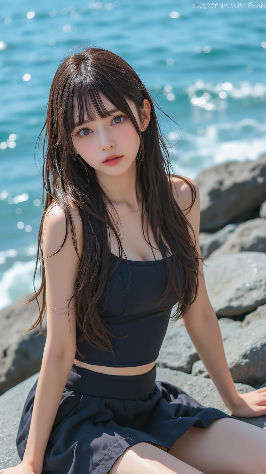 (highest quality, 32k, High resolution, masterpiece:1.5, ), transparent air, Youth brilliance, 驚異的なディテールを誇る受賞歴のあるmasterpiece, beautiful Japanese Girls, ((Low Angle:1.3)), 非常にbeautiful顔, Small Face Beauty, Shiny brown hair, ((beautifully arranged super long straight silk hair)), Asymmetrical bangs, Hair between the eyes, beautifully trimmed, Thin eyebrows, Magic big eye, Moist black eyes, transparent感のある二重まぶた, transparent, Soft white skin, Sharp eyebrows, Thin lashes, Natural Makeup, Cheek Highlighter, Pale pink lips, Rich emotional expression, Motherhood and generosity, (A fleeting smile:0.7), ((Lightweight black silk blouse:1.0)), blue plaid pleated skirt, sit, ((Absolute area:1.4)), High resolutionのbeautiful太もも, (whole body:1.3), Parks by the sea, beautiful, The clear blue sea stretches to the horizon, Dazzling summer sunlight, detailed blue sky, Professional Lighting, Professional Photographer, Professional Model