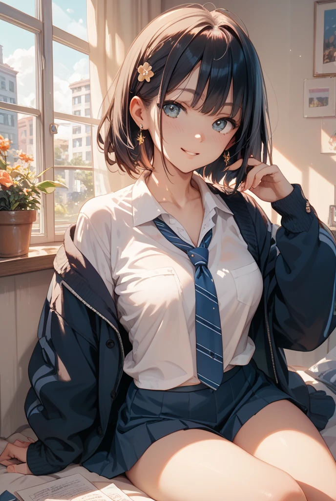 (Best quality, 8k, 32k, Masterpiece, UHD,:1.2),RAW, 1girl,ultra cute , natural lighting,transparent shining eyes, 20yo ,fair complexion, (white shirt)、ribbon tie、long sleeve、white cardigan、light blue plaid mini skirt、white socks、loafer、squatting、Taken from the side, ((Closeup shot)), wedgie, shy smiling, medium hair, (ecstasy:1.3) ,(slut:1.2), (vulgarity:1.3), (fucked silly:1.1),(steam:1.1),(wet:0.8),(trembling:0.8),(sweat:0.8),, ((White Background))
