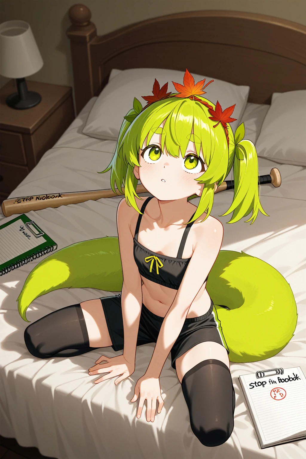 fox girl spreading her legs, green eyes , red head , no panties , freckles, smiling