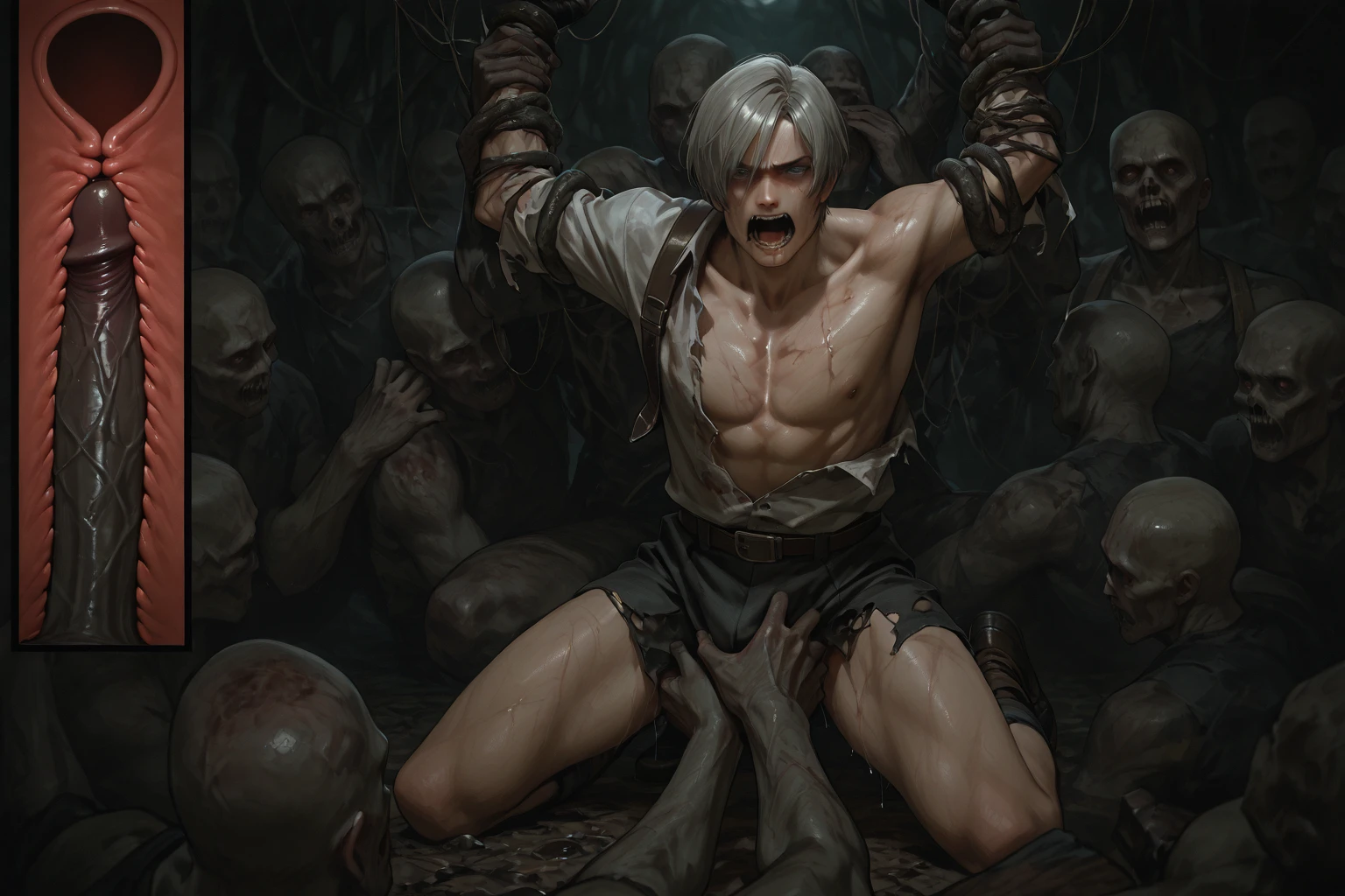 PromptGPT: Create an image of an albino vampire, named Fien, that exudes horror and terror. Fien should be depicted with unnaturally pale skin, long and sharp fangs, and glowing red eyes that seem to pierce the soul. The overall mood of the image should be dark and ominous, with a sense of danger and dread emanating from Fien. The image should be composed with Fien in the center of the frame, with a desolate and eerie background that emphasizes the horror of the scene. The desired image quality should be ultra-high resolution, with deep shadows and rich textures that add to the sense of horror and dread. The composition should be carefully balanced to create a sense of unease and disorientation, drawing the viewer deeper into the nightmare of Fien the albino vampire.