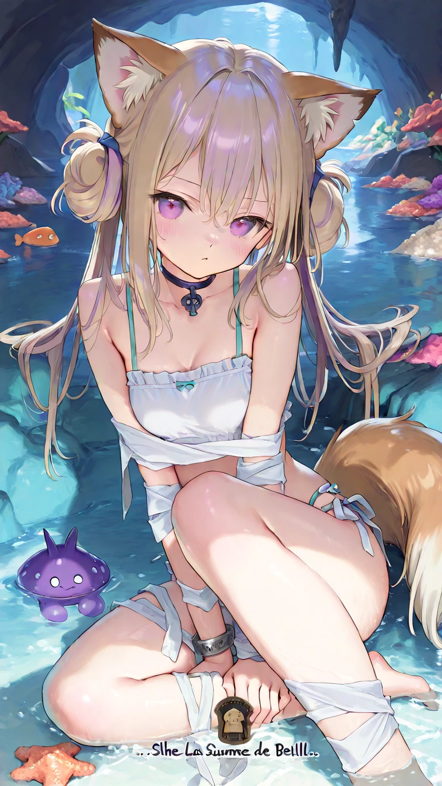 One girl、A little sexy、Blonde、Red sparkling eyes、detailed cute eyes,(glowing eyes:1.4),laugh heartily,((Droopy eyeedium Curl Hair、Dog ears、pearls choker,sensual pose, best detailed girl, bottom less, Standing on the surface of the sea, drenched, slender waist, Beautiful detailed girl, young, Air bangs, hair intakes, shiny blonde hair, XD, beautiful detailed Glass eye, ,p, nail polish, bare breasts, Bare navel, detailed flooding bare feet, beautiful detailed red eyes, colored skin, Beautifully gorgeous necklace, white bikini, beach, ocean, God Light, best quality,