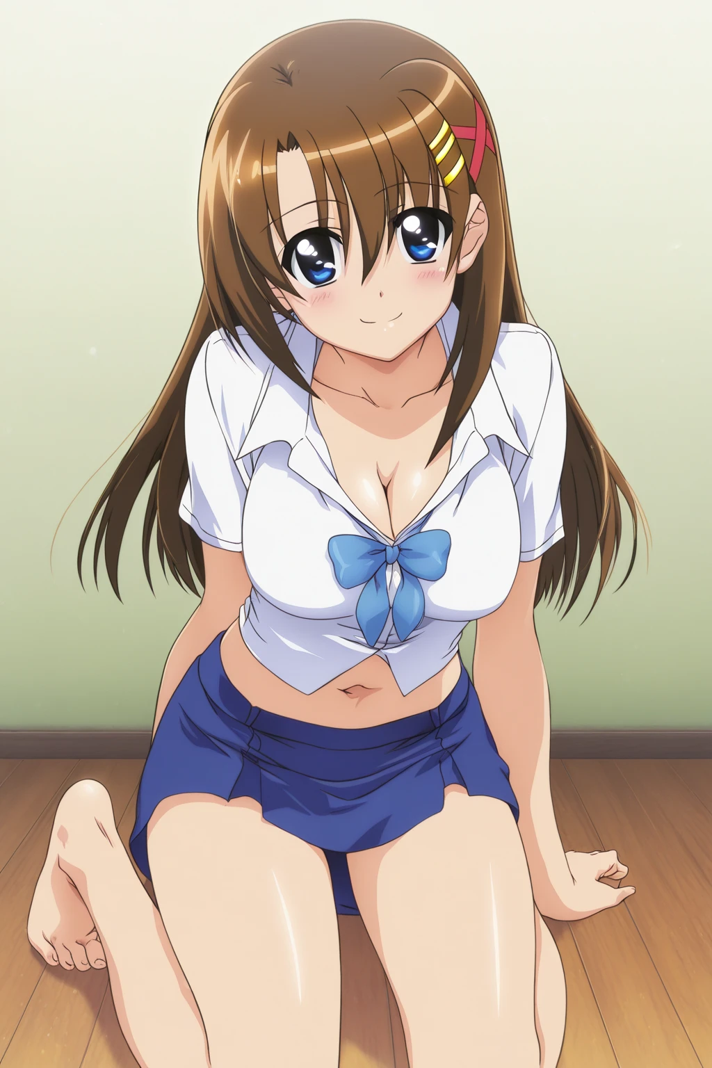 Highest quality,masterpiece,8K,((((One girl)))),((Big Breasts:1.3)),orgasm,blush,Sweat,takamachi nanoha,((school uniform)),((Long Hair,Straight hair:1.3)),((White shirt,Blue Skirt,mini skirt,Lift up your skirt,Under the skirt,White knee socks,White panties:1.1))
