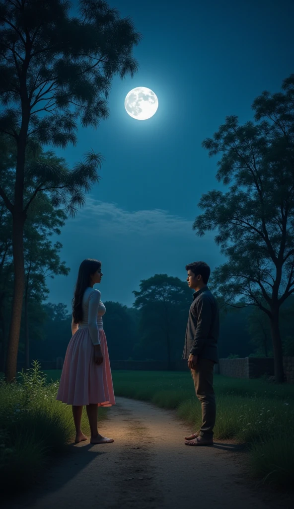 Make a book cover in which the background is of night a full moon is visible and a black tree covering some part of the moon a girl and boy sitting under the tree