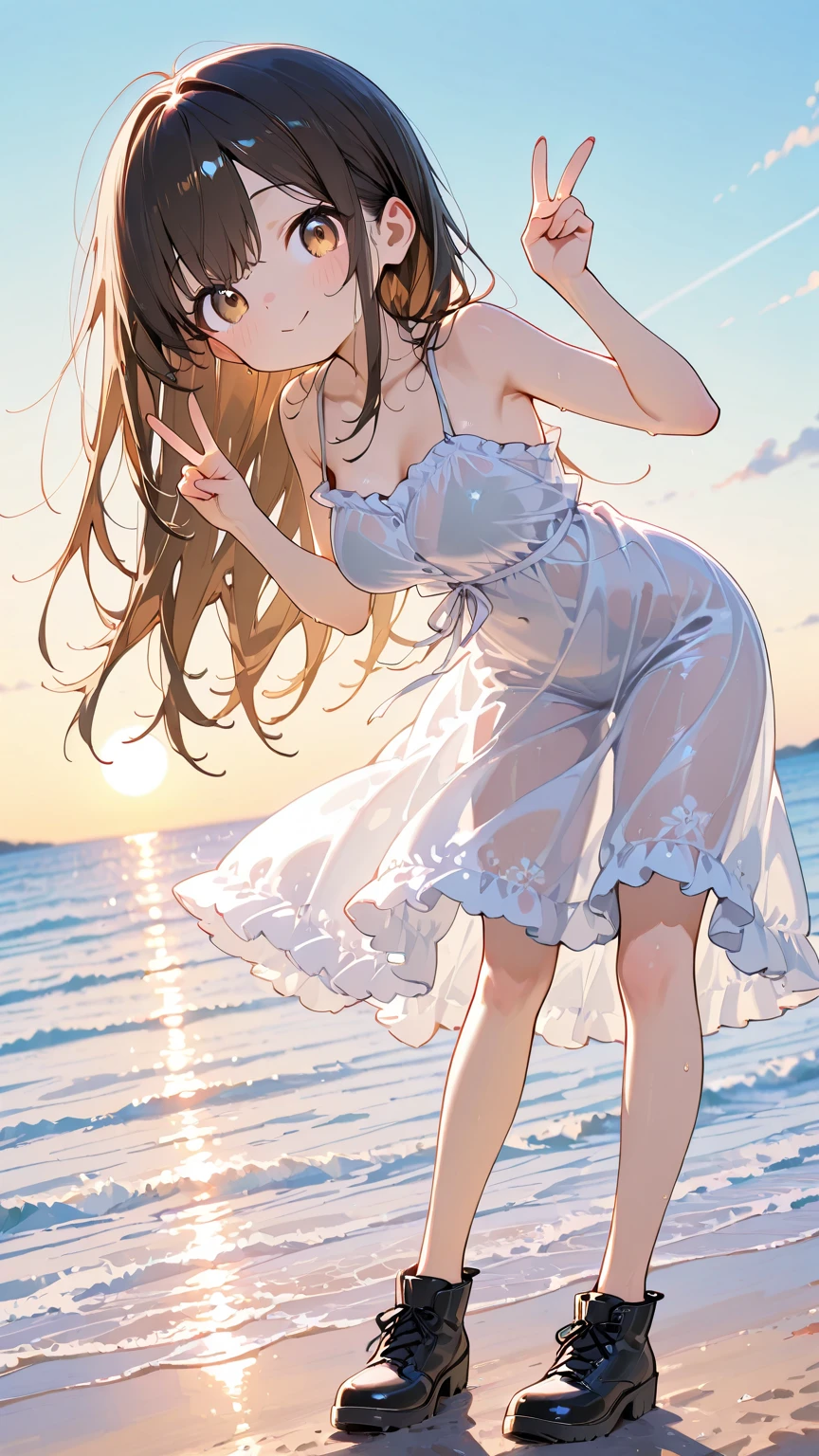 Cumulonimbus,Surrounded by water, reflection,Breathtakingly beautiful clouds,Light,Dazzling Light,Cinematic Light.The wind is blowing,Vast ocean,
A long white pier stretching out into the sea,Coral Reef,海The wind is blowing,
Mikan Yuuki, (brown eyes:1.5), brown hair, hair ornament, hair scrunchie, long hair, pink scrunchie, scrunchie,
Symmetrical eyes,((Highest quality)), ((masterpiece)),(detailed),High resolution,Sharp focus,Perfect Face,Perfect Fingers,{best illustration},(complete anatomy),
(非常にdetailed CG unity 8k wallpaper),(((Vibrant colors))),Official Art,
shiny 肌,very shiny 肌,Shiny body,plastic glitter 肌,exaggerated shiny 肌,illuminated 肌,
((detailedなボディ)),(detailedな顔)), cute,Lewd,erotic,Bold,Camel Toe,(erection of nipple),
Straw hat,White dress, see-through, silhouette,
smile, Open your mouth, embarrassed, 

