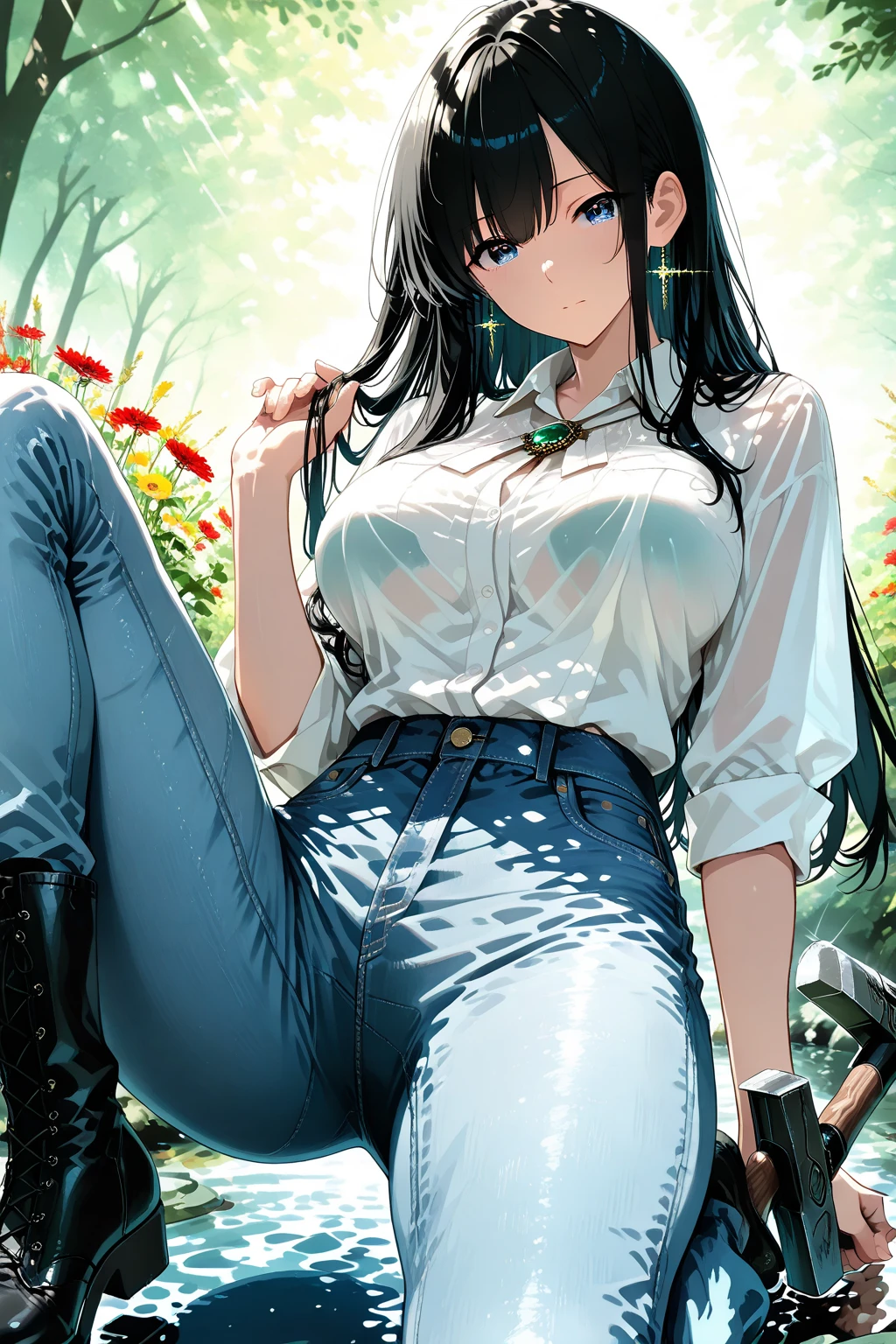 (masterpiece, Best quality, A high resolution, ultra detailed),(beautiful and aesthetically pleasing:1.2), 1 woman, adult, perfect body, wavy black hair, ((green eyes)), detailed eyes and face, full_body, stylish casual wear, stylish comfortable shoes, loose styled, Outdoors, Waterfall 