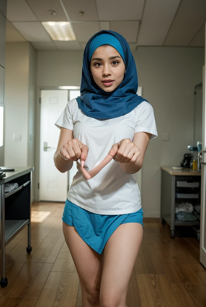 Naked girl inside small 1 bedroom apartment holding a dick, small breast, wearing white hijab, laughing, looking at camera, full body shot, trimmed pubic hair, holding a cordless vacuum with both hands, sun light cast on body