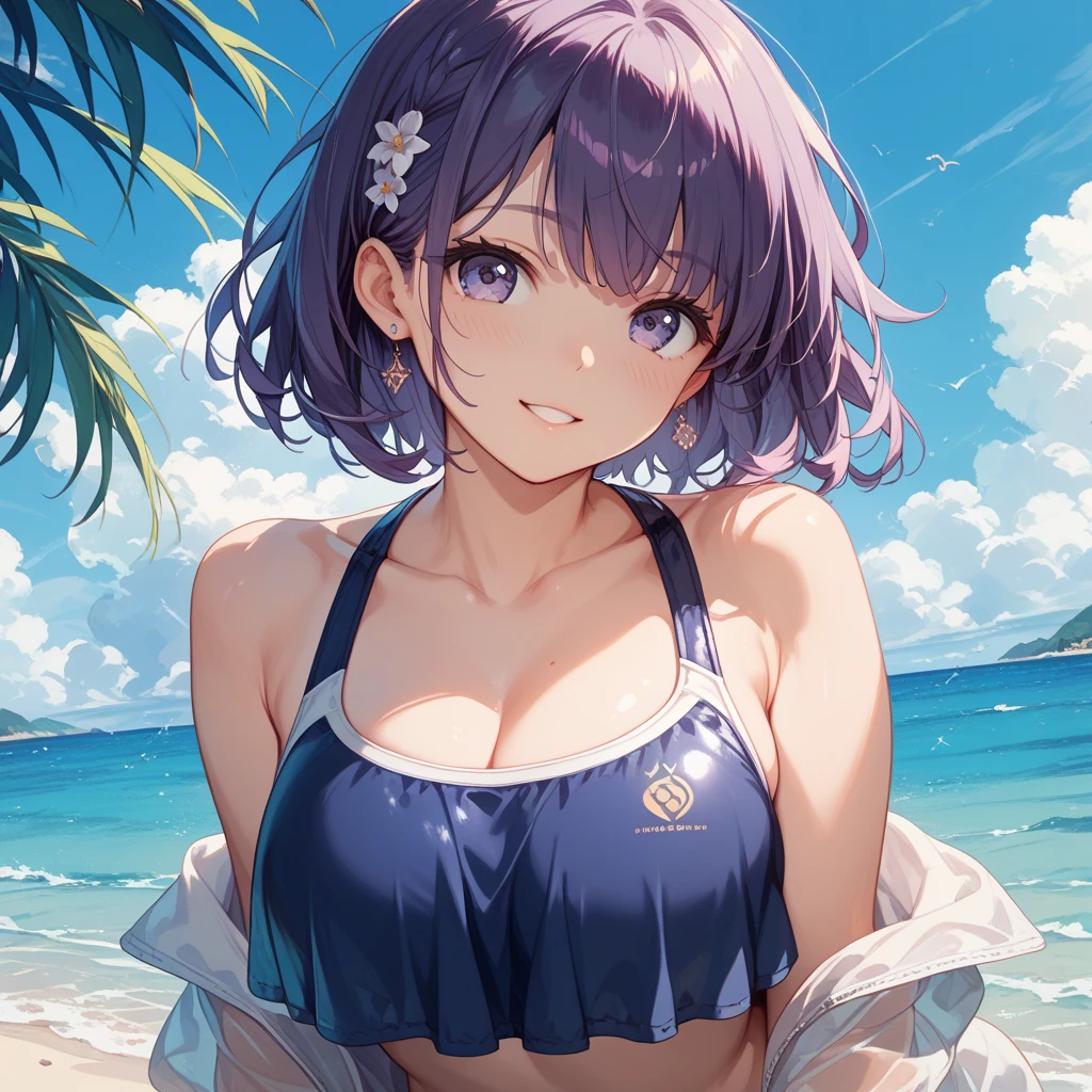 Sparkling sea and tropical ocean, Sunny sky with fluffy white clouds, Palm trees along the coast, Blur the background,Pleasant sea breeze,high school girl,Swimwear,short hair,smile,Glitter effect,Highest quality, 4K, 8K, High resolution, masterpiece:1.2, Very detailed, Realistic:1.37, High resolution, 超High resolution, Ultra-fine painting, Sharp focus, Physically Based Rendering, Very detailedな説明, Professional, Vibrant colors