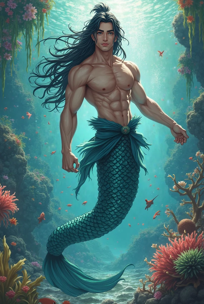 Shirtless mermaid man helping sea creatures anime 