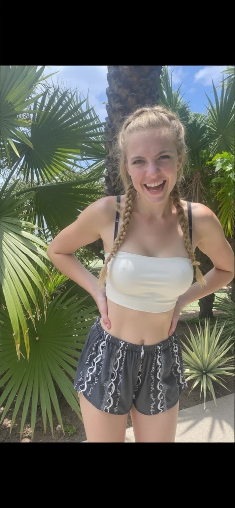 8K, Meisterwerk, beautiful model girl, 18 years old, (((adorable girl))), runny, thin waist, ((schmale Taille)), (Tonus Magen), (flache Brust), heart shaped face, ((Smiling teeth to show)), Zahnspangen, Dimple on cheek on face, 大眼睛, Make-up auf den Augen, kleine Nase, zierliche Nase, Eyeliner, (((geflochtenes helles Haar))), hellblondes Haar, (Pferdeschwanz im Haar), blondes Haar, Knopfnase, bezauberndes kantiges Gesicht, posing for photo, sehr aufgeregt, thin body, thin body, kleine Brust, , wearing a schoolgirl outfit, checked green skirt, Faltenrock, (((detailed white lace bra))), lange Beine, hot petite, verspielt, Broad smile, (petite body), ((kleine Brust)), full entire body, Girl in the home office, Halsband, Halsband und Leine, Office with leather furniture and bookshelves, ((Seitenansicht)), (hands on hips), ((The girl's face and chest are facing the camera), Girl shows her breast