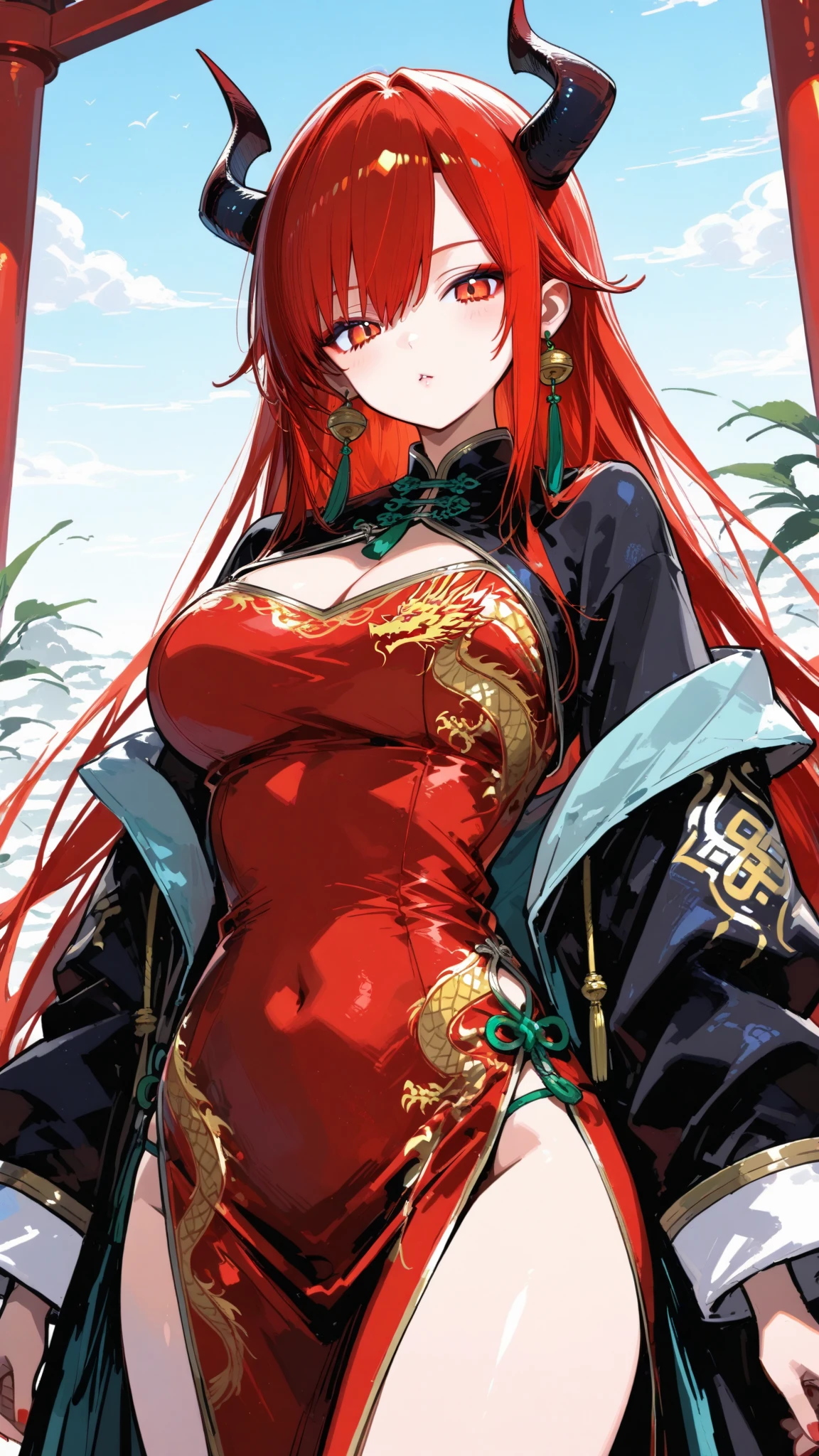 A character with big breasts wearing Chinese outfit. she has long red hair. She has RED AND GOLDEN eyes.
