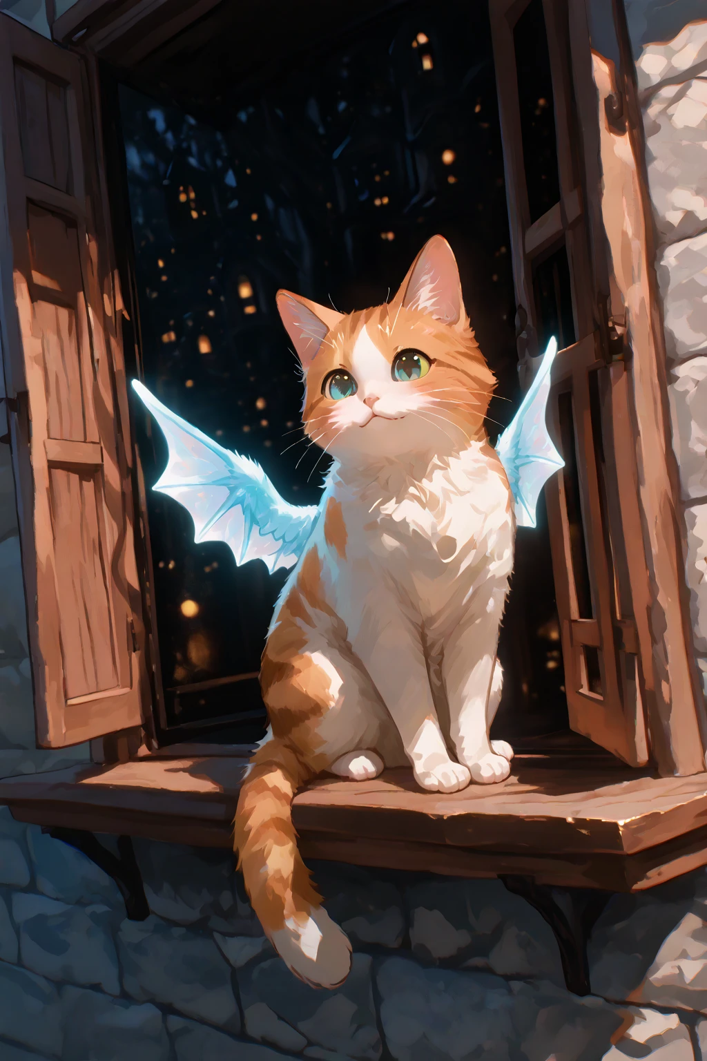 a small and adorable dragon with cat-like features, soft fur and fluffy tail, big round eyes, playful and curious expression, perching on a windowsill, gentle lighting, tiny wings tucked close to its body, pastel-colored scales and fur, slightly glowing whiskers, curled up like a cat, purring, fantasy and cute design, magical atmosphere, cozy indoor setting
