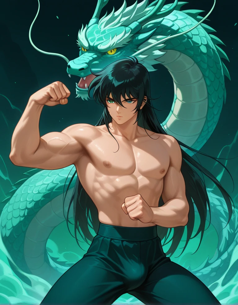 muscular young man, skin fair, black hair, short and a little cut at the top, a thick fringe that covers the right side of the face and keeps the rest tied in a ponytail, olhos verdes esmeralda,dragon horns, A white kimono , designed with blue details, along with a blue band to hold it, bandage on your arms