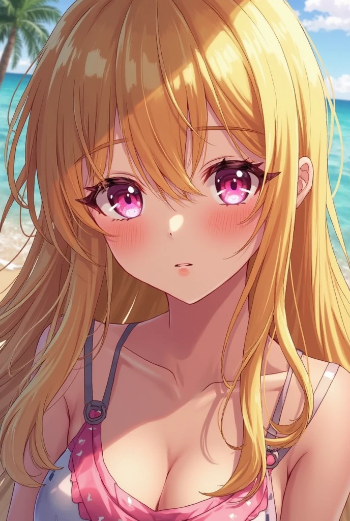 (masterpiece, best quality:1.2), highres, anime screencap, anime coloring, perfect lighting, 1girl, solo, seductive smile, head tilt,
LiAma_V1, blonde hair, long hair, hair between eyes, red eyes,
black bikini,
standing, arms behind back, leaning forward, from above, looking up at viewer,
outdoors, beach, ocean, blue sky,
<lora:add_detail_CyberAlchemist:0.4>, <lora:GoodHands-beta2:0.8>, <lora:LiAmaV1:0.9>
