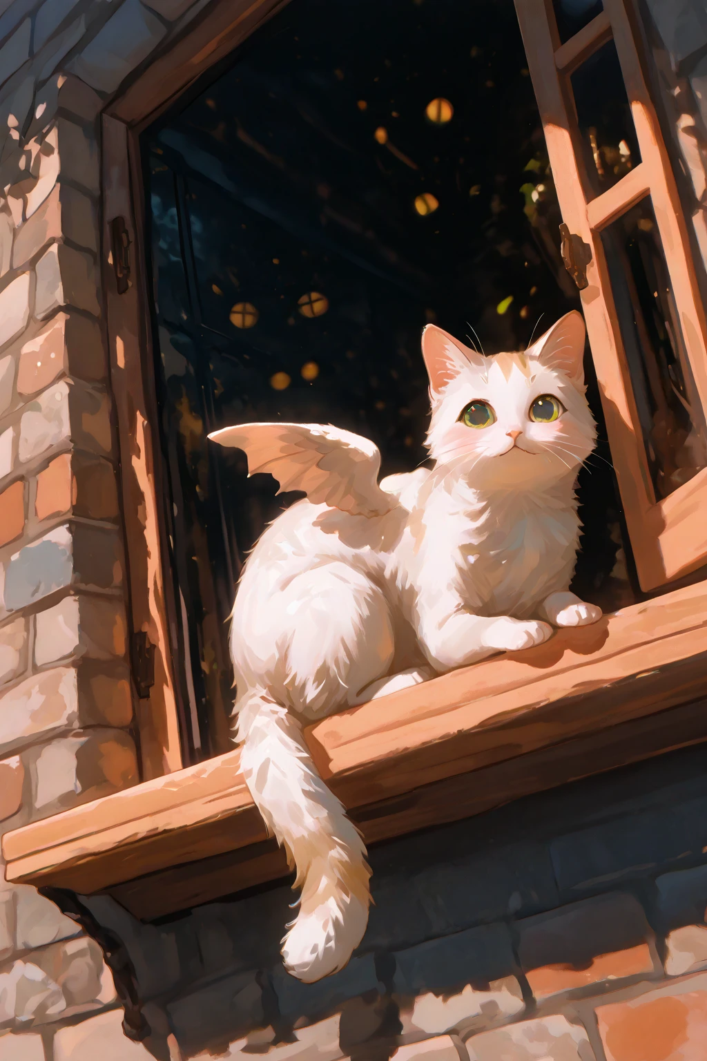 a small and adorable dragon with blackcat-like features, soft fur and fluffy tail, big round eyes, playful and curious expression, perching on a windowsill, gentle lighting, tiny wings tucked close to its body, pastel-colored scales and fur, slightly glowing whiskers, curled up like a cat, purring, fantasy and cute design, magical atmosphere, cozy indoor setting
