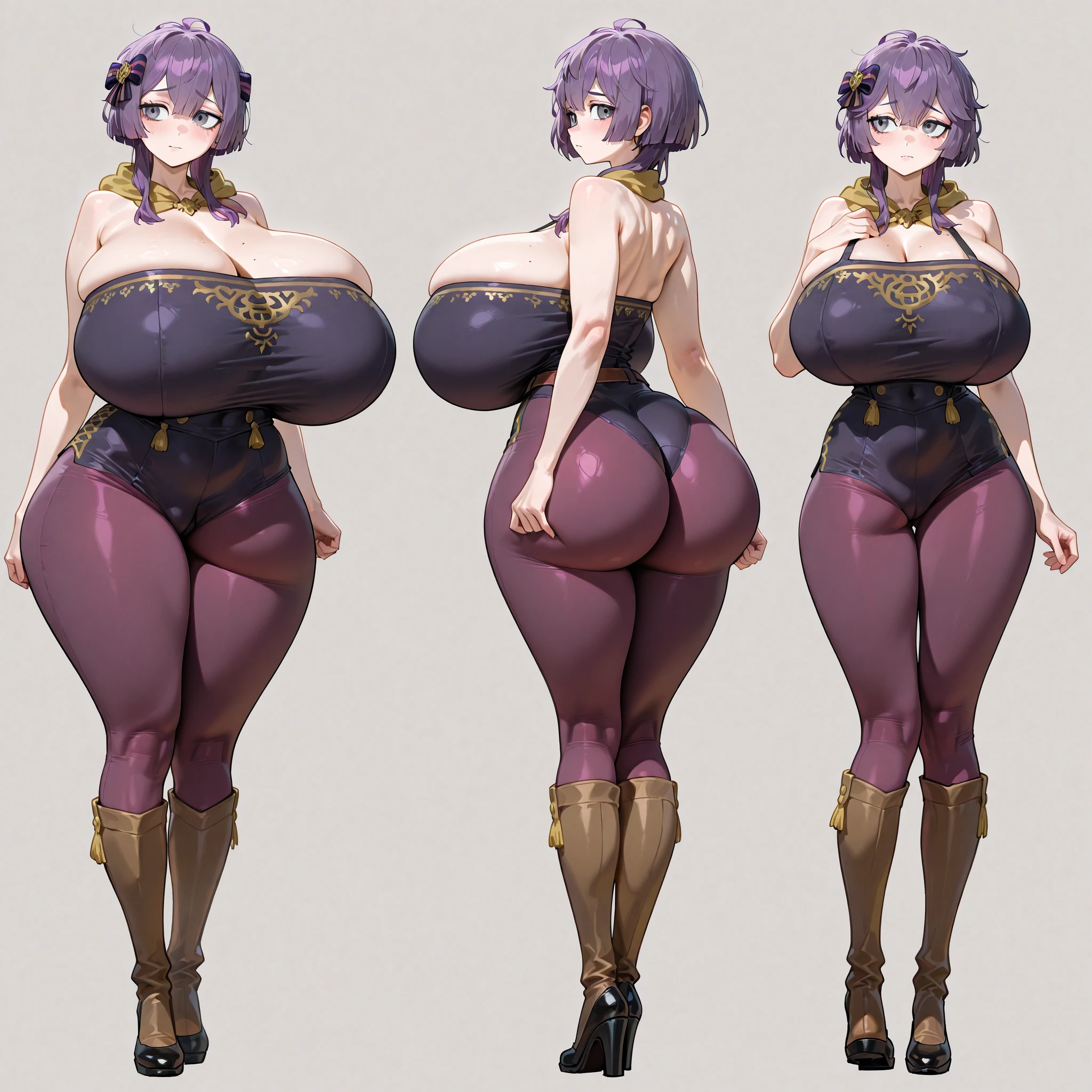 (masterpiece), best quality, female warrior, huge girl, female muscular:1.2, (curvy:1.7), (((blank background))), ((full body)), fingerless gloves, sandals, sleeveless, covered nipples, ((buzzcut hairstyle)), purple hair, hair over eyes, ((very big legs:1.4)), ((camel toe)), (cleavage)