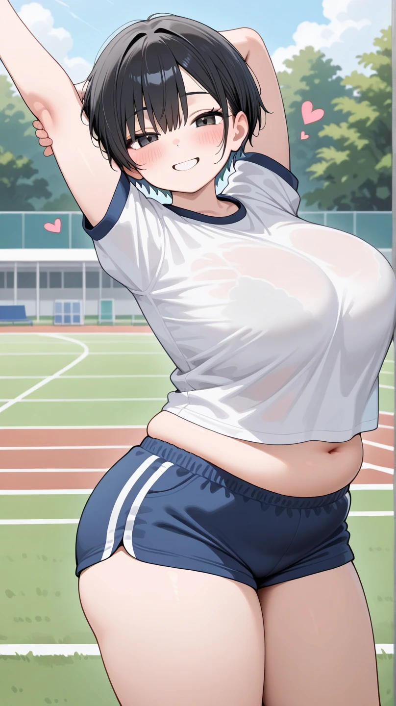 ((Masterpiece)), perfect anatomy, perfect shading, field of depth, (best quality), extremely delicate and beautiful, perfect lighting, detailed face, ultra cute face, cute, (1girl), (solo),
short fluffy brown hair, ponytail, green eyes, ((blush)), (embarrassed), looking at viewer, sports bra, gym shorts, cleavage, small breasts, ((thick thighs)), ((wide hips)), fat ass, chubby,
intricate background, detailed background, park, standing, out of breath, sweating, wet clothes