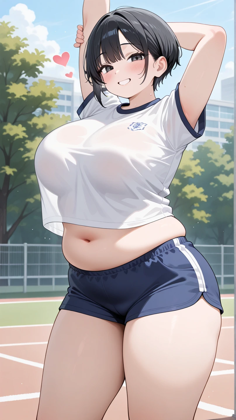 A girl wearing bloomers((running)),Brown Hair,Light brown eyes,Blushed,Alluring expression,Twin tails,thick-boned,On the ground,Big Ass,Thick legs,Thick arms,Wide pelvis,Thick calves,Thick arms,expensive,Sweat,Being outside,Wear gym clothes,Wide Hips,Puffy nipples,Accentuated body lines,