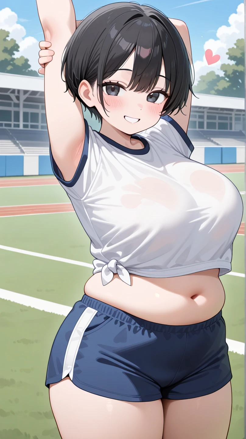 ((Masterpiece)), perfect anatomy, perfect shading, field of depth, (best quality), extremely delicate and beautiful, perfect lighting, detailed face, ultra cute face, cute, (cowboy shot 1.2), looking at viewer, (full body), (((1girl))), (((solo))), cheerleader
short hair, fluffy hair, brown hair, green eyes, ((blush))), (cheerleader uniform), (blue and white tank top 1.2), (short section red skirt 1.2), thigh highs, chocker, extremely tight clothes, large breasts, cleavage, perky breasts, (wide hips), ((thick thighs)), (chubby),
School gym, intricate background, detailed background, sweaty, out of breath, hands on hip