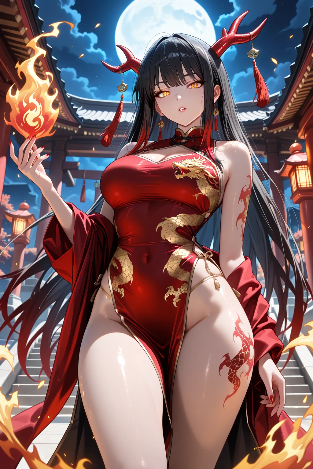 a woman in a red Chinese dress with gold details on the dress, long straight black hair in a Chinese palace at night, with a fiery phoenix behind