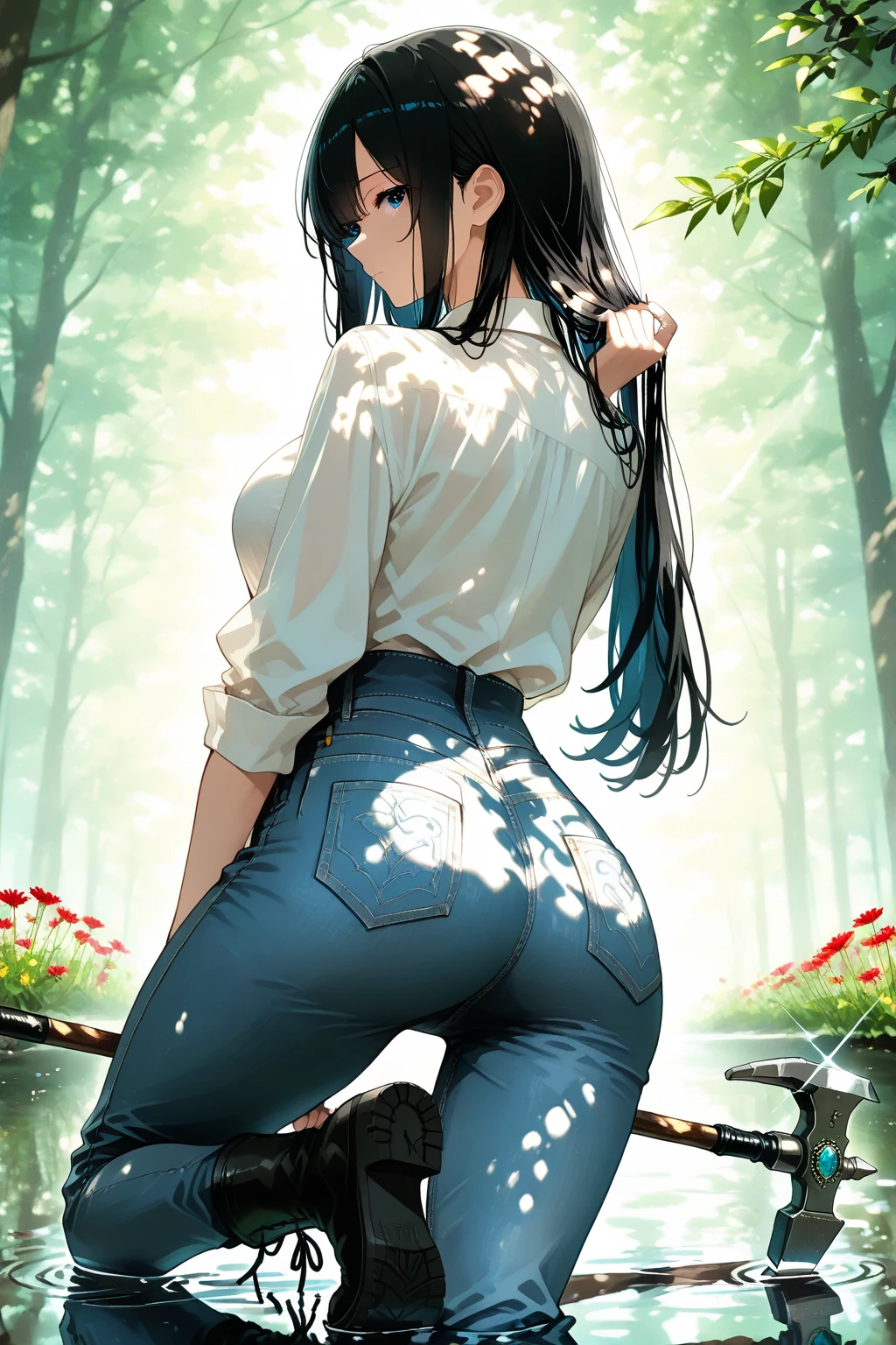 (masterpiece:1.37), best quality, (extremely detailed:1.37), (1girl:1.5), woman, (mature:1.5), (adult:1.5), (Sakaki Yumiko:1.5), Grisaia \(series)\, dark purple hair, purple eyes, ?????????????, jeans, (extremely detailed eyes:1.37), (wetting self:2.0), desperation, standing, embarrassed, humiliation, blushing, angry, cherry blossoms, garden, (golden hour:1.5), full body