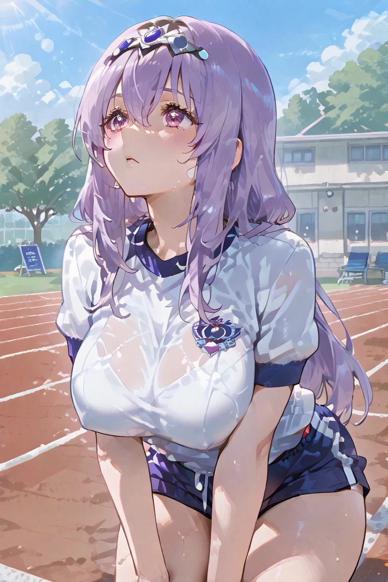 Big breast,long purple hair,backfacing viewer,gym outfits,short short,white tshirt,thicc tigh,huge ass,look at viewer,concern,outdoor