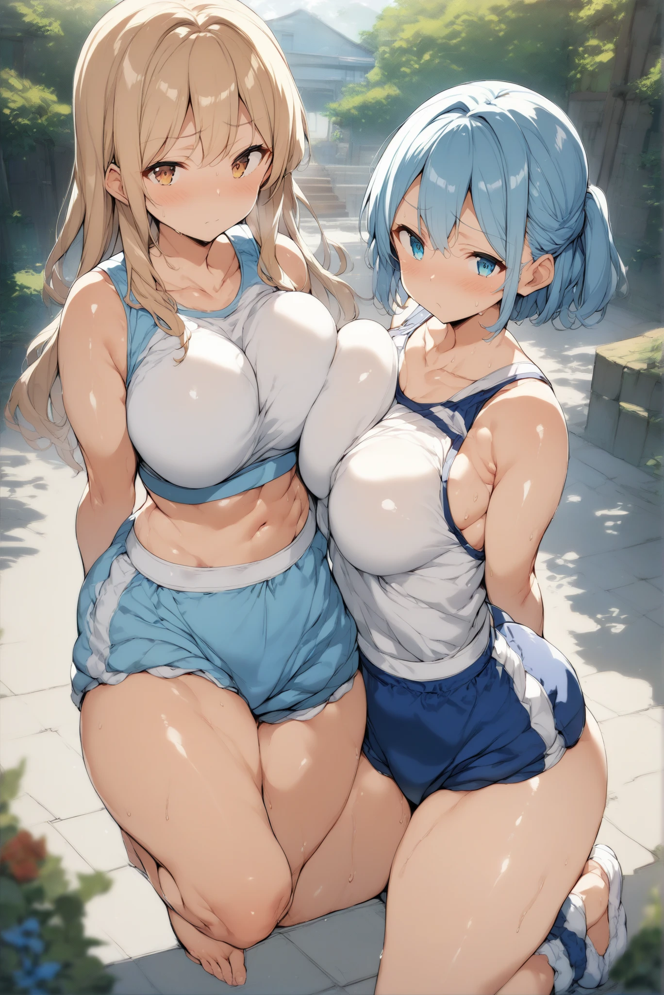 (((masterpiece))), ShizukaMikazuki, One Girl, alone, Looking at the camera, Long Hair, Gray Hair, Long sleeve, Cleavage, mega breasts,Large Breasts, Mature Body,,clavicle, Jacket, Open clothes, open Jacket, blue hoodie, Black sports bra, Black hot pants, choker with a charm,Play sports often,bicycle,Clear light blue eyes, Blushing,smile,Sweat,Toned Abs,A shy and troubled expression,Open your mouth,Earrings,Golden navel piercing,Park at dusk, Increase the size of the chest,