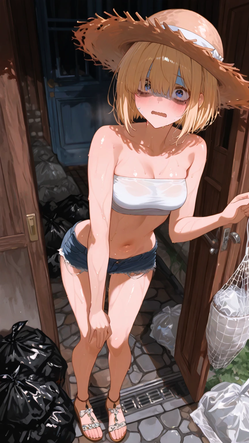 1girl, nsfw, houjousatoko, short hair, blonde hair, purple eyes ,hairband, , large breasts, nipple, Walking, , Abandoned Hospital frozen, wet, crying ,, Naked, , (1girl)