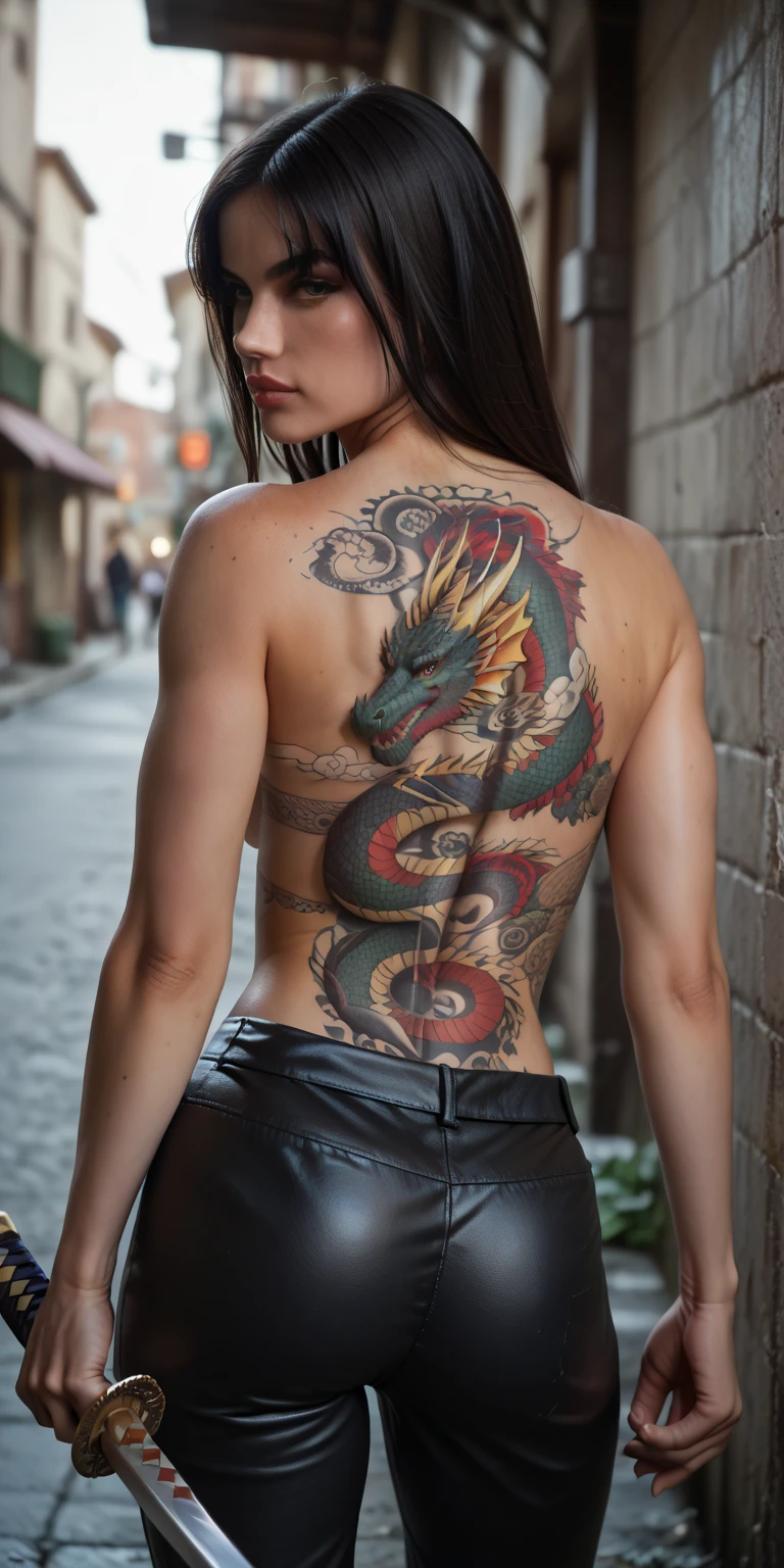 depicting a girl with a dragon tattoo on her back. backless outfit. Amazing dragon tattoo.  ultra-realistic, HD, hight resolution, 4k, 8K, photografic, Full photo, full image, Sharp, Detailed.