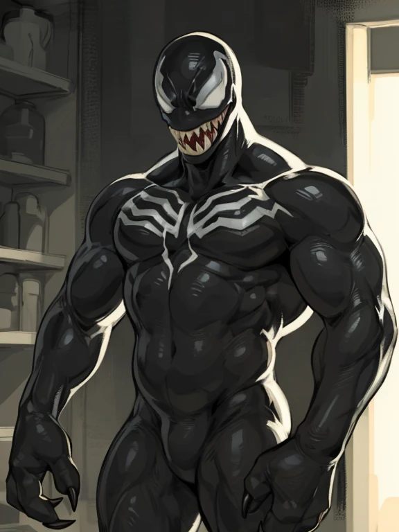 (((by analon \(artist\) ))), (((void black skin, venom \(marvel\) ))), (((huge muscles, big pecs, muscular male, nipples, abs, standing, arms up, flexing, pubes, armpit hair, smirk, looking at viewer, cocky expression, tongue out, long tongue, pointy tongue))), ((completely nude, (( penis, void black penis, ((huge penis, hyper penis)), erect penis, ((foreskin)), balls, huge balls)) )), ((view from below, from below))