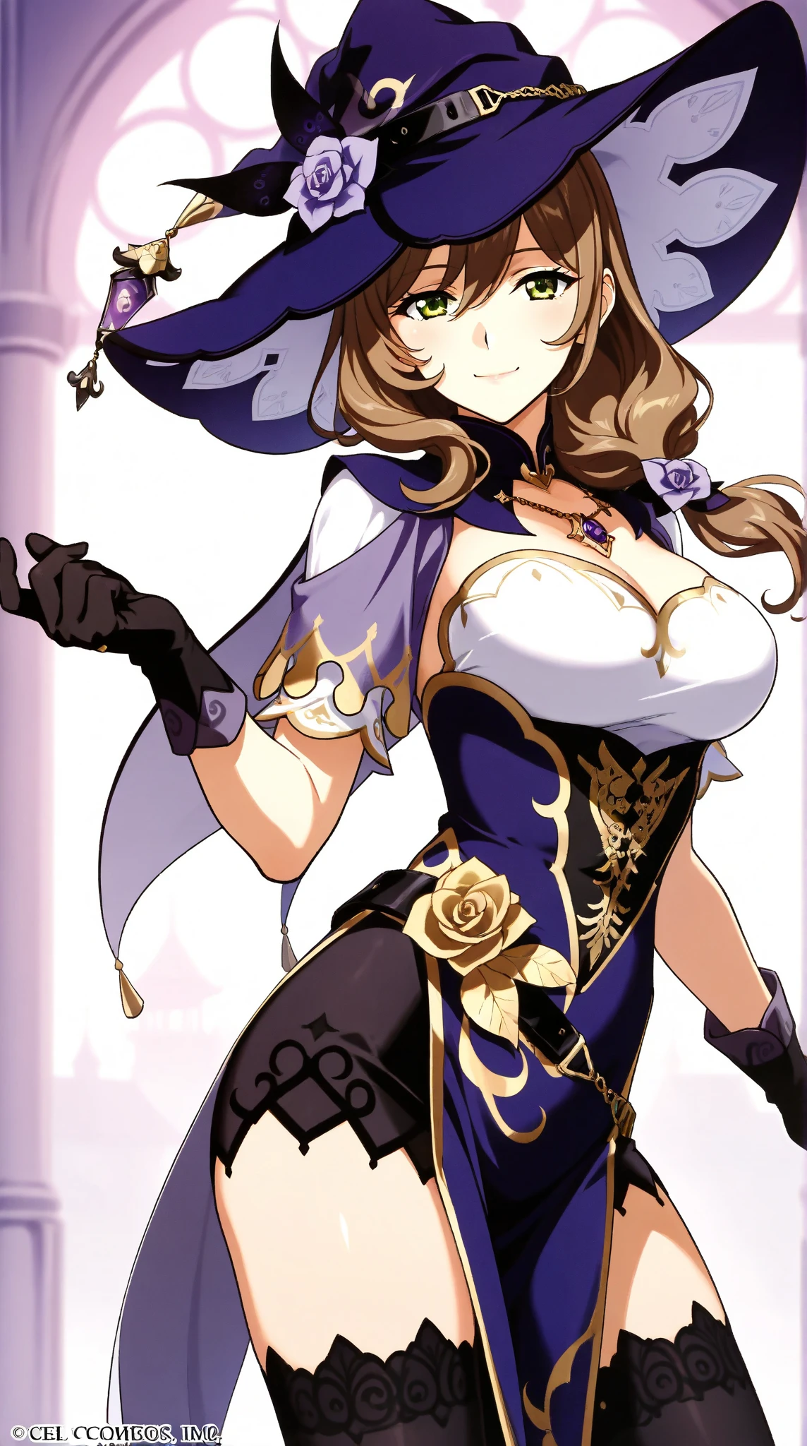 Animated image of two women dressed as witches posing for a drawing in witch-like costumes in a library, Witch Hat, Green Eyes, vision (Genshin Impact impact), Knee socks, flower, Cleavage, Brown Hair, black Knee socks, Rose, Large Breasts, purple Rose, hat flower, Colorful Dresses, Witch&#39;s Field Girl, Anime fantasy illustration, From the Azur Lane video game, Genshin Impact, Detailed art of the witch&#39;s dress, Two beautiful anime girls, Mother and child, Symbol of maternal love, Happy, Mother and , Photos of mother etc. 