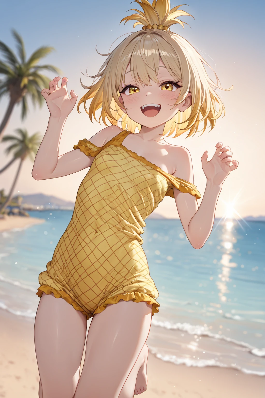 (Petite),(Crossdresser),blonde low twintails,Swimwear,Joyful expression