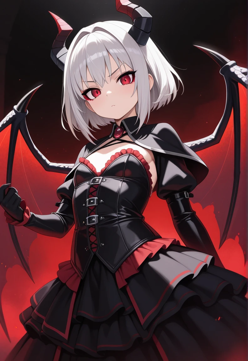 1 girl, demon girl, solo, black hair, short straight hair, bun updo, long horns, ultra detailed red and black eyes, slit pupils, gothic dress, sleeveless gothic dress, light gothic dress, skirtless gothic dress, ruined gothic cathedral in background, dim lighting, warm colours, hat with veil