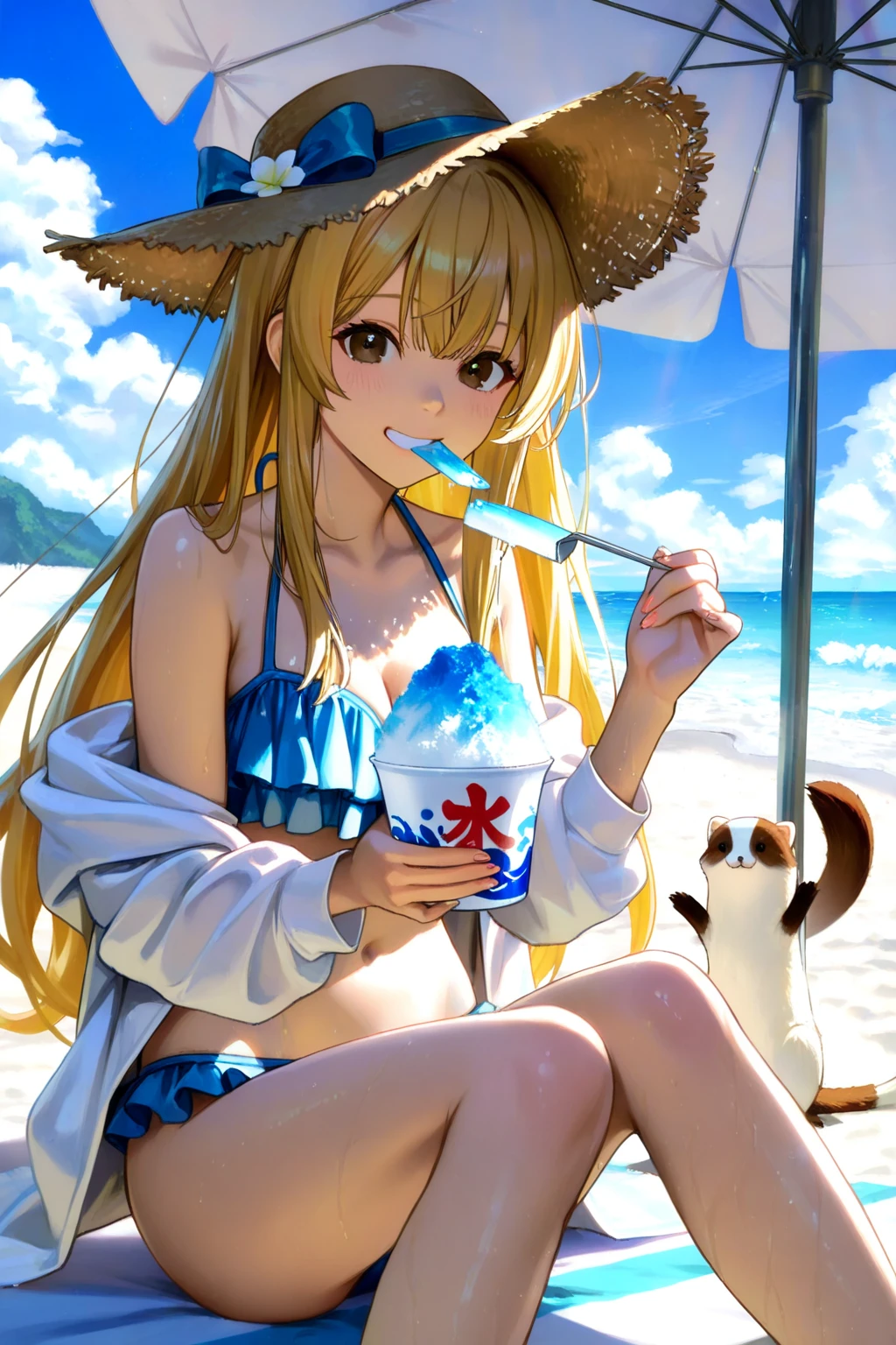 (superflat, flat shading, flat colors:1.1), (seaside), 1girl, tomboy, little, 10yo, slim, flat chest, (tanned skin:0.6), short blonde hair, blue eyes, (striped panties), striped bra, straw hat, from behind, bottom, lean forward, bending back, look back, holding ice cream, smile, wind, blue sky, bright sunlight, best shadows, watercolor,