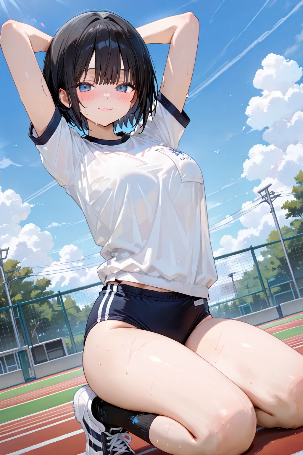 masterpiece, ultra quality, ultra sharp, ultra detailed, 1girl, solo, good anatomy, haduki kurumi, (tattered torn dripping wet white gym shirt), navy gym pants, animal ears, randoseru, name tag, Japanese anime pose, laugh, BurumaShorts, Buruma, Gym Uniform, (((lying:1.4, spread_legs, legspread, cameltoe, split_legs)), (randoseru backpack:1.4), (smirk smile), buruma, blue buruma, black buruma, (tattered torn short sleeve white gym uniform with colored hem), (tiny nipples), (white long loose socks), strong lighting, legspread, ???????, ??? on clothes, ??? on legs, ??? on buruma, ??? on bloomers,